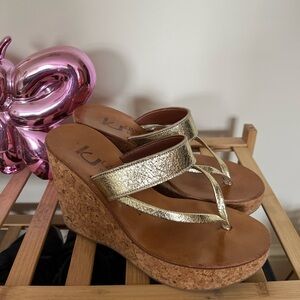 K.Jacques Metallic Gold Cork Wedge Thong Sandals